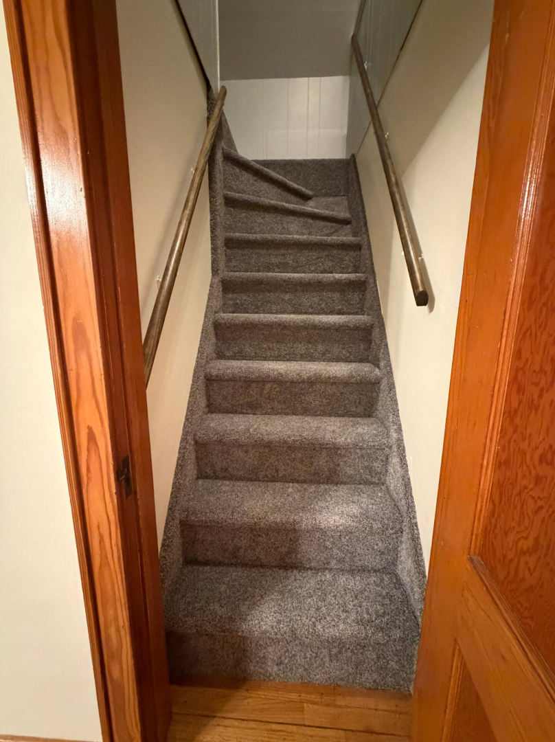 Carpeted staircase leading to the upstairs level with handrails on both sides and a wood door frame
